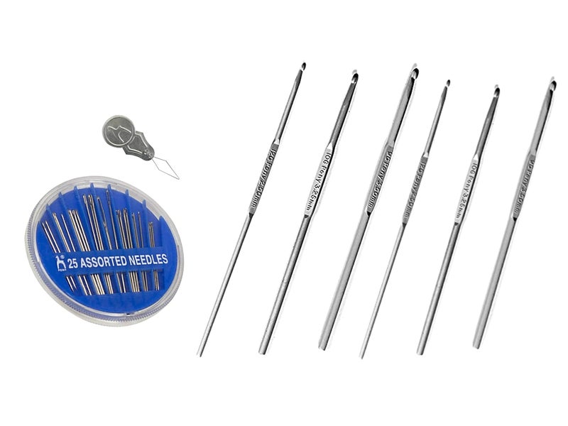 PONY Aluminum Crochet Hooks (kiroshiya) Knitting Needles for Sewing Craft (13cm, Size: 9G,10G, 12G) Two Crochet of Same Size with 25 Pcs Assorted Hand Sewing Needles Pack with Needle Threader - Image 1