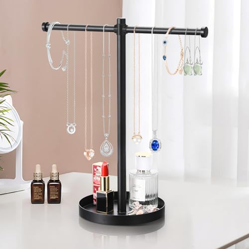 bodkar Jewelry Necklace Organizer Stand,12.9" Tall Sturdy Metal Jewelry Stand with Round Tray for Bracelet Bangles Holder Display,Long Necklace Organizer Holder (black) - Image 2