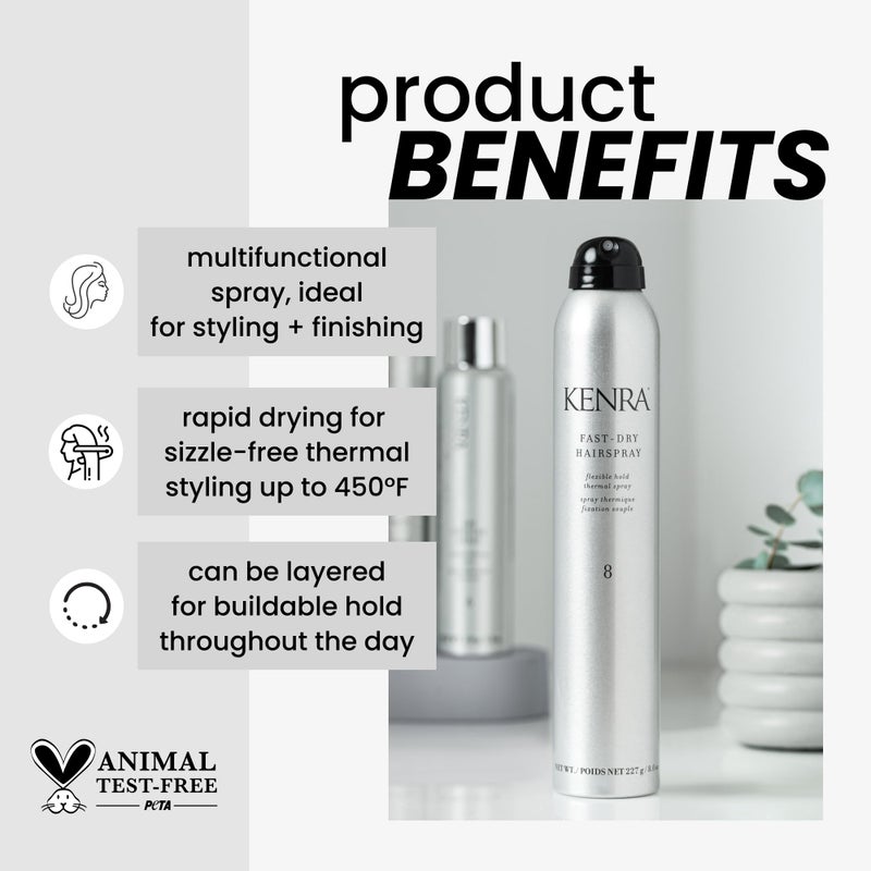Kenra Professional Fast Dry Hairspray 8 | Flexible Hold Thermal Spray | Multifunctional Spray, Ideal For Both Styling & Finishing | Lightweight, Instant Control | All Hair Types | 8 oz - Image 2