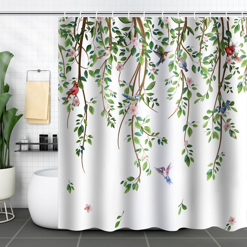 ZCHOMI Spring Leaves Birds Shower Curtain Green Hanging Vine Plant with Floral Shower Curtains for Bathroom Waterproof Polyester Fabric Bath Curtain 72 x 72 Inch with 12 Hooks - Image 1