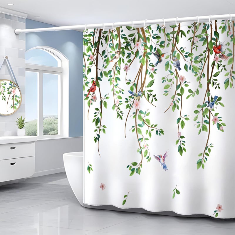 ZCHOMI Spring Leaves Birds Shower Curtain Green Hanging Vine Plant with Floral Shower Curtains for Bathroom Waterproof Polyester Fabric Bath Curtain 72 x 72 Inch with 12 Hooks - Image 3