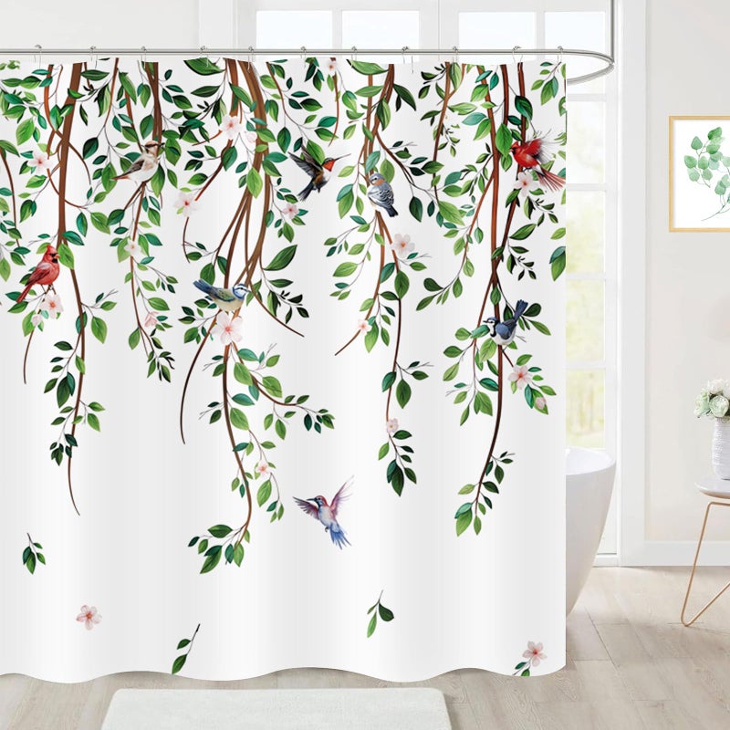 ZCHOMI Spring Leaves Birds Shower Curtain Green Hanging Vine Plant with Floral Shower Curtains for Bathroom Waterproof Polyester Fabric Bath Curtain 72 x 72 Inch with 12 Hooks - Image 2