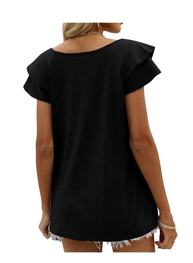 Loquat New Women's V-neck Double-layer Lotus Leaf Short Sleeve T-Thirt  - Image 2
