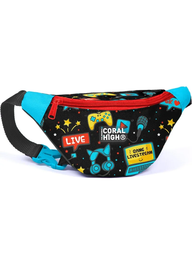 كورال هاي Kids Black Blue Gamer Patterned Waist Bag 11535