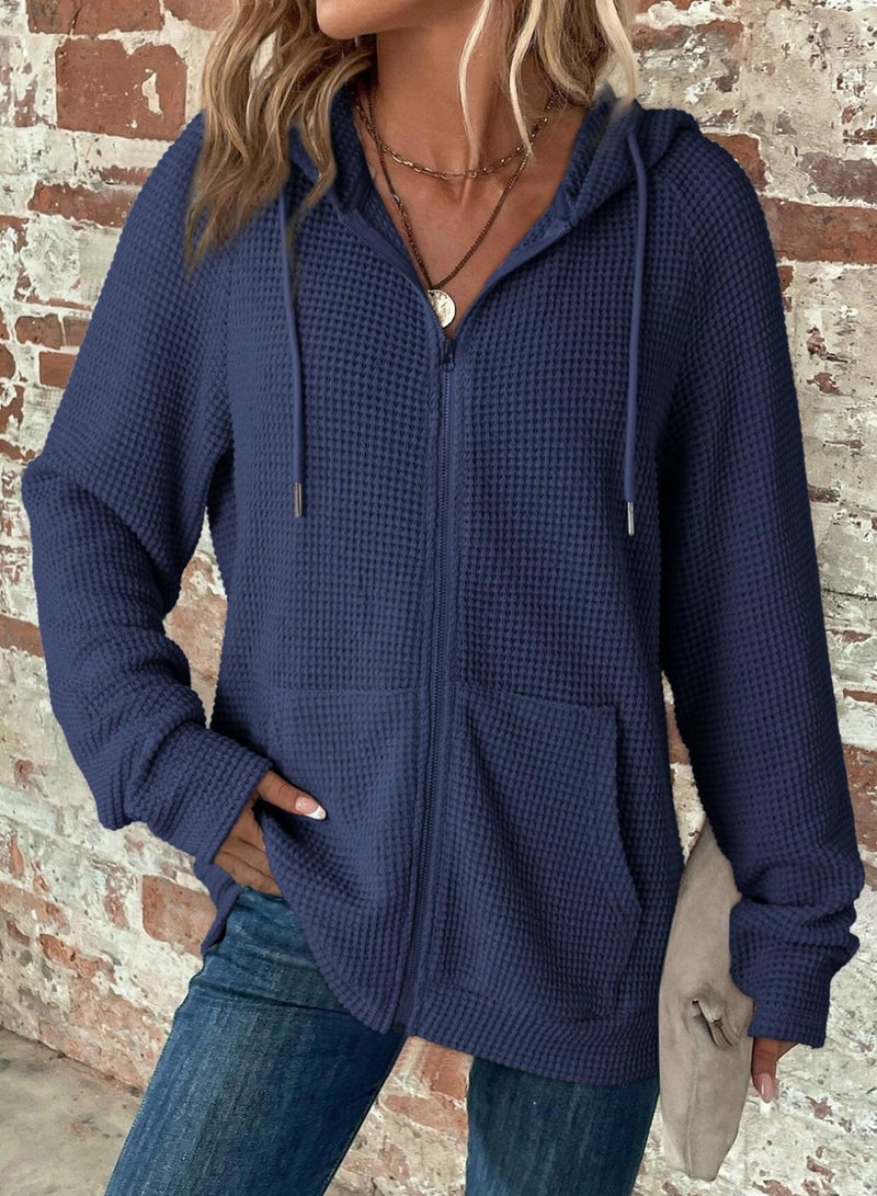 Dokotoo Hoodies for Women Casual Zip Up Hoodie Sweatshirt Navy Blue Early Fall Clothes Solid Color Waffle Knit Long Sleeve Hooded Sweatshirts Pockets Jacket Coat for Women Girls 2026 Fashion Medium - Image 3