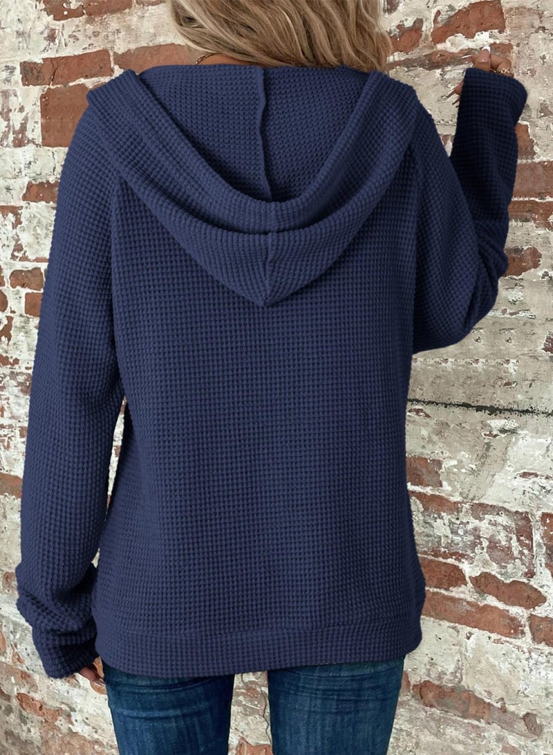 Dokotoo Hoodies for Women Casual Zip Up Hoodie Sweatshirt Navy Blue Early Fall Clothes Solid Color Waffle Knit Long Sleeve Hooded Sweatshirts Pockets Jacket Coat for Women Girls 2026 Fashion Medium - Image 2