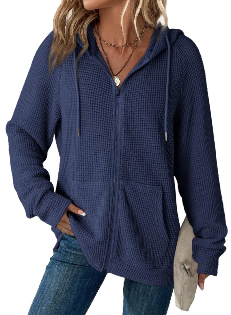 Dokotoo Hoodies for Women Casual Zip Up Hoodie Sweatshirt Navy Blue Early Fall Clothes Solid Color Waffle Knit Long Sleeve Hooded Sweatshirts Pockets Jacket Coat for Women Girls 2026 Fashion Medium - Image 1