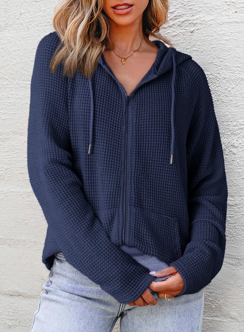 Dokotoo Hoodies for Women Casual Zip Up Hoodie Sweatshirt Navy Blue Early Fall Clothes Solid Color Waffle Knit Long Sleeve Hooded Sweatshirts Pockets Jacket Coat for Women Girls 2026 Fashion Medium - Image 4