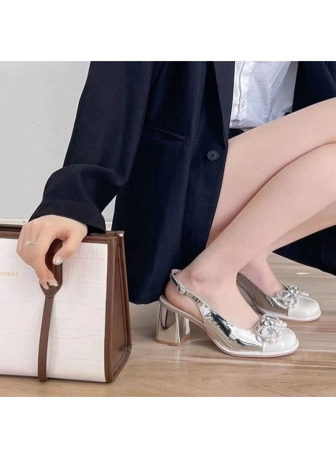 Autumn New French Pearl Bow Beautiful Thick Heel High Heels Silver Toe Fairy Style Sandals For Women