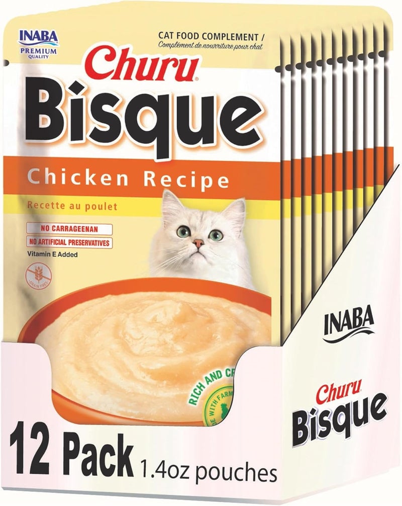 INABA Churu Bisque for Cats, Creamy Lickable Purée Side Dish with Vitamin E, 1.4 Ounces per Pouch, 12 Pouches, Chicken Recipe - Image 1