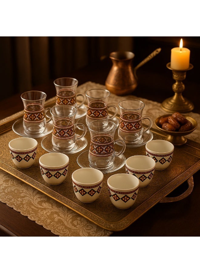 Dania A tea cup and saucer set made of Turkish glass and Saudi coffee porcelain with Sadu pattern - Image 1