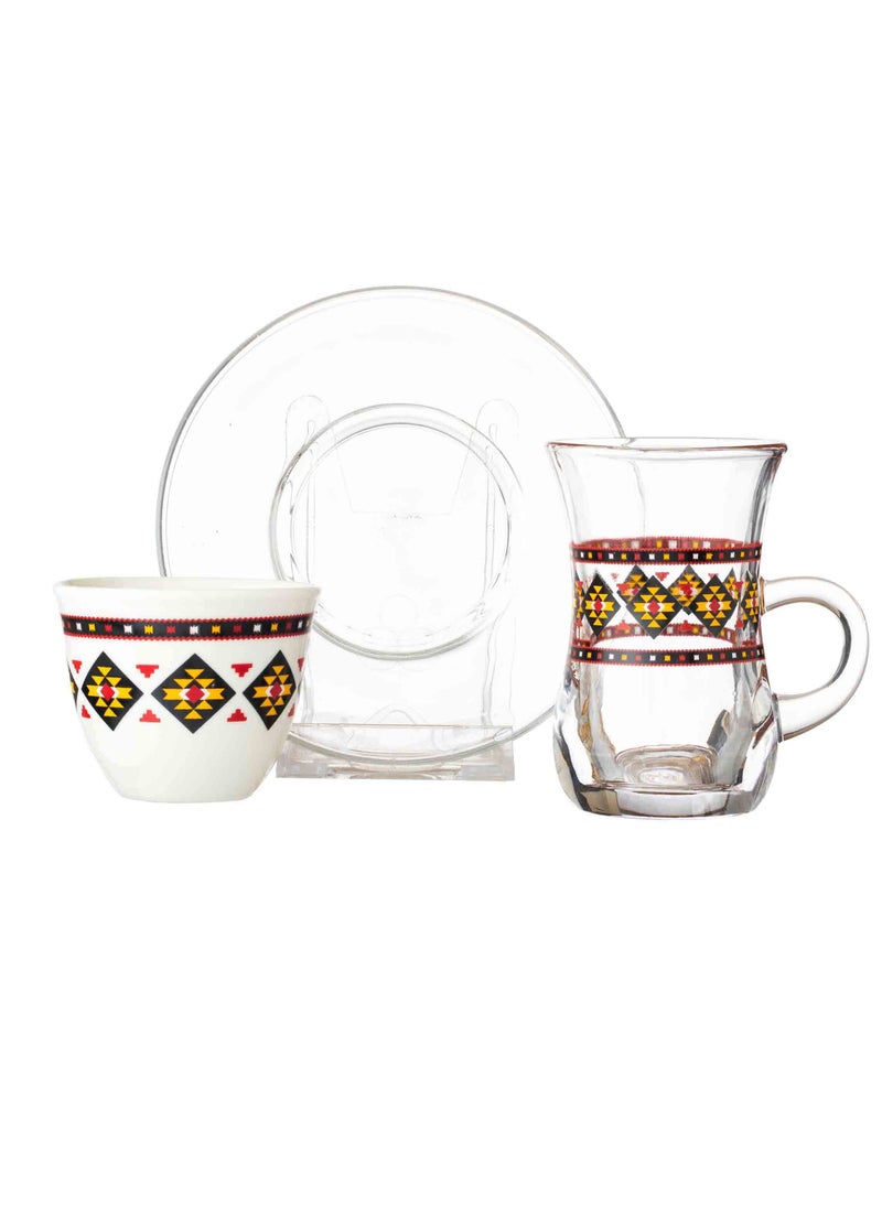 Dania A tea cup and saucer set made of Turkish glass and Saudi coffee porcelain with Sadu pattern  - Image 2