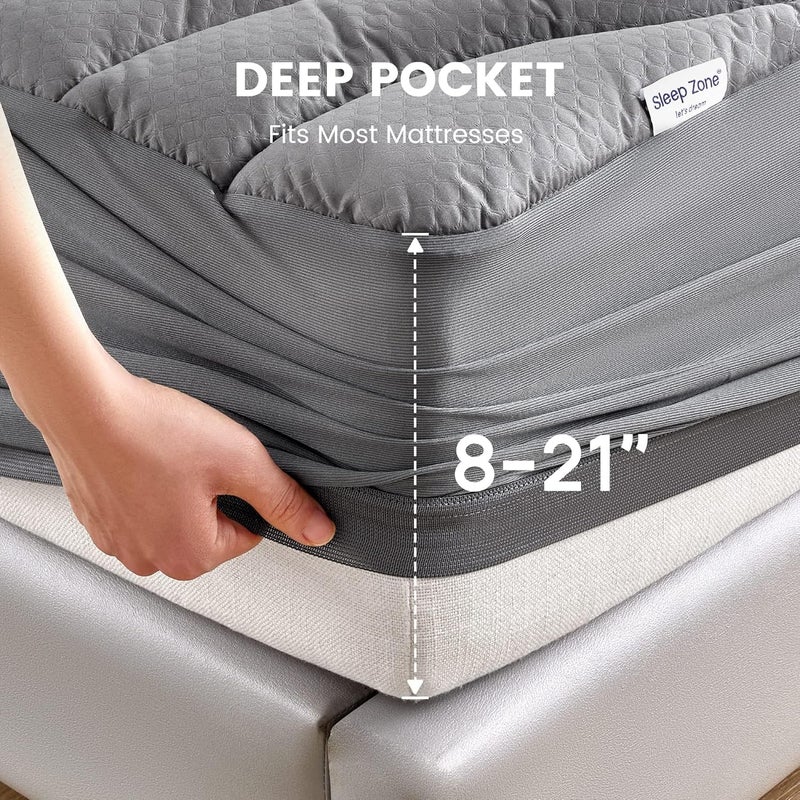 SLEEP ZONE وسادة مرتبة مقاومة للماء رمادية من مقاس كينغ، طبقة مرتبة ناعمة فاخرة بنقش بارز، غطاء حماية مرتبة مبطن ومزود بشريط مطاطي، جيب عميق 8-21 بوصة (رمادي، كينغ) - Image 5