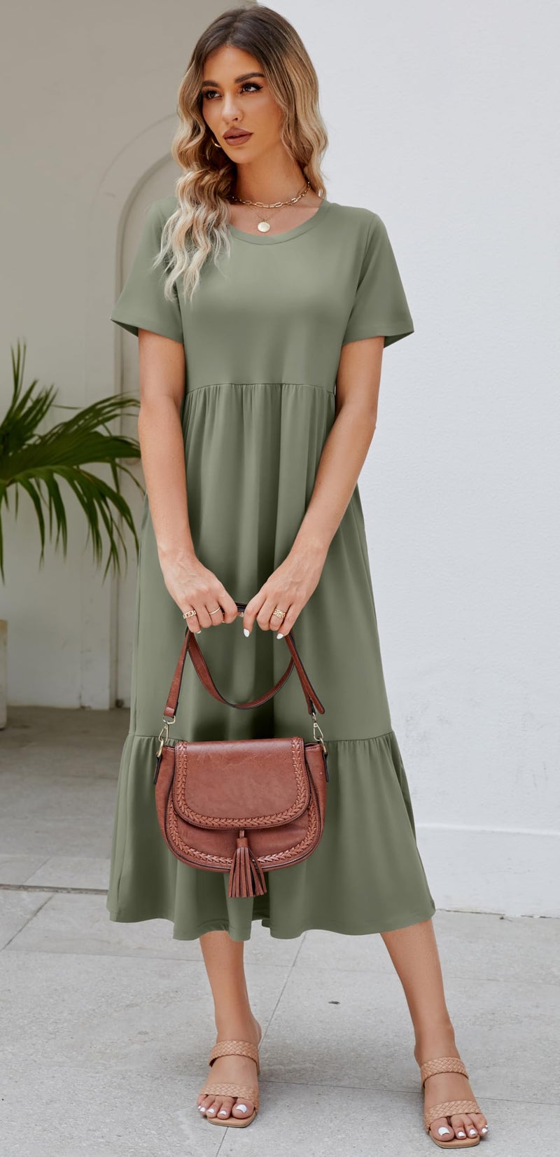 Jeqeocafy Summer Dresses for Women Flowy Maxi Sundress Short Sleeve Tiered Beach Dress with Pockets 2026 Vacation Travel Army Green - Image 3