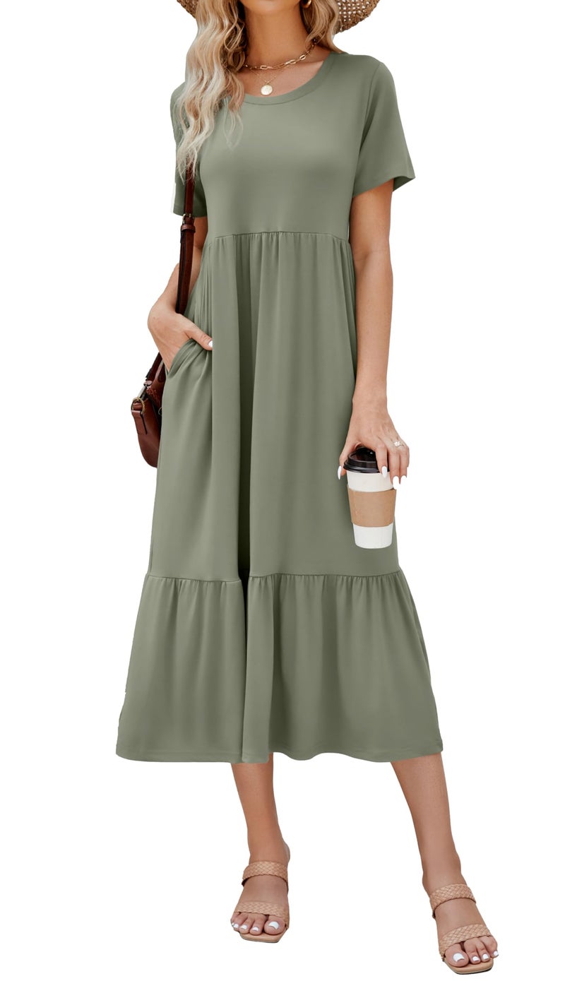 Jeqeocafy Summer Dresses for Women Flowy Maxi Sundress Short Sleeve Tiered Beach Dress with Pockets 2026 Vacation Travel Army Green - Image 1