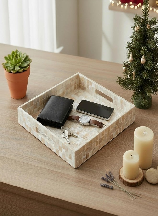 PEMAR 12.2" Square Serving Tray Mother of Pearl Nacre Wood Lap Ottoman Tray for Coffee Table, Luxury Decorative Handmade Eating Platters w Insert Handles (White Cream Squares Pattern) - Image 4