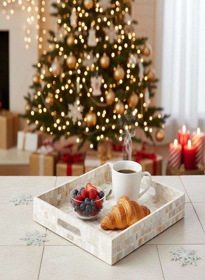 PEMAR 12.2" Square Serving Tray Mother of Pearl Nacre Wood Lap Ottoman Tray for Coffee Table, Luxury Decorative Handmade Eating Platters w Insert Handles (White Cream Squares Pattern) - Image 2