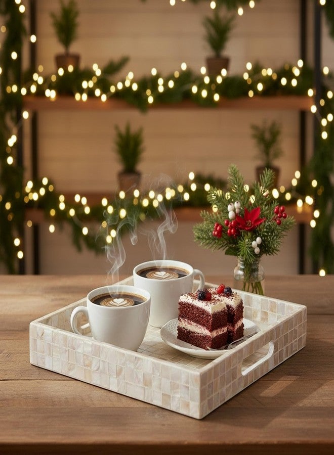 PEMAR 12.2" Square Serving Tray Mother of Pearl Nacre Wood Lap Ottoman Tray for Coffee Table, Luxury Decorative Handmade Eating Platters w Insert Handles (White Cream Squares Pattern) - Image 3