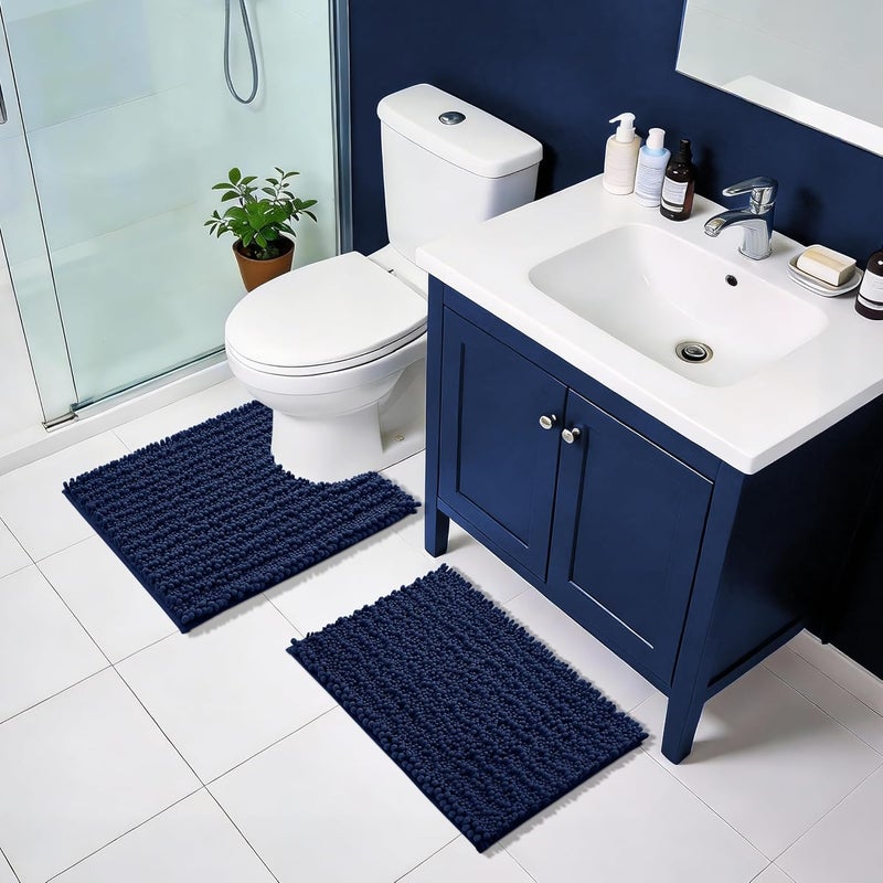 Yimobra Bathroom Rug Mat 24 x 17, Extra Soft Non Slip Absorbent Water Bath Rug, Quick Dry Machine Washable Chenille Shaggy Shower Mat, Bath Mat for Bathroom Floor, Home Decor Accessories, Navy Blue - Image 2