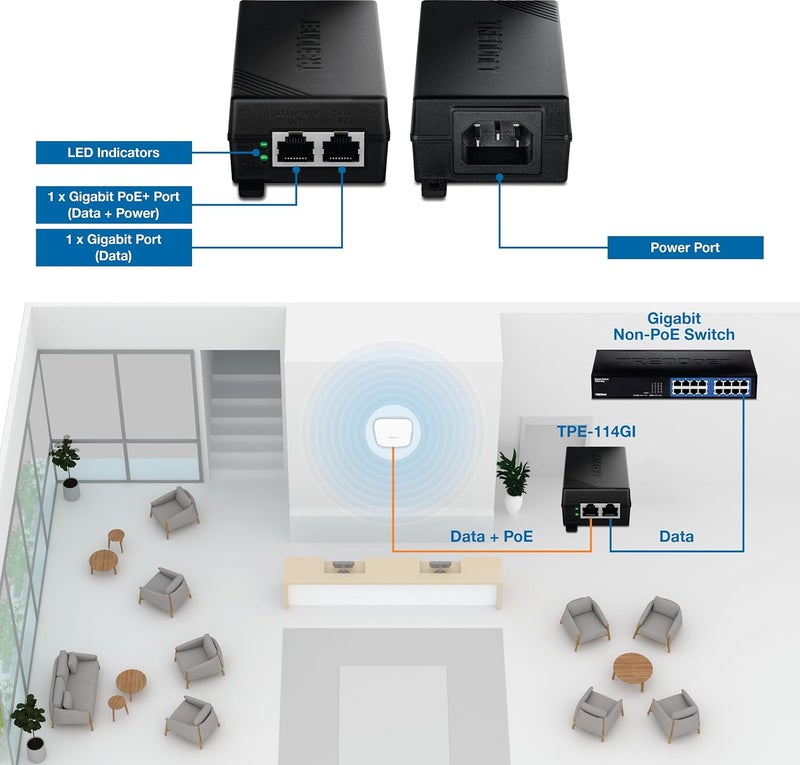 Trendnet محاقن Gigabit PoE+، TPE-114GI، يوفر PoE (15.4W)، PoE+ (30W)، جهاز شبكة PoE يصل إلى 100م (328 قدم)، توصيل وتشغيل، متوافق مع NDAA و TAA، أسود - Image 2