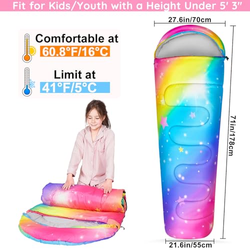 FIOBEE Kids Sleeping Bag for Girls Boys 3 Season Warm & Cool Weather Youth Camping Sleeping Bags with Backpacking Bag Waterproof for Traveling Hiking Indoor Outdoor Camping Essentials, Rainbow - Image 2