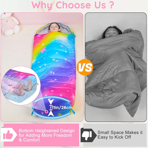 FIOBEE Kids Sleeping Bag for Girls Boys 3 Season Warm & Cool Weather Youth Camping Sleeping Bags with Backpacking Bag Waterproof for Traveling Hiking Indoor Outdoor Camping Essentials, Rainbow - Image 3