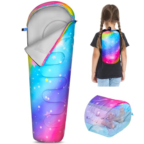 FIOBEE Kids Sleeping Bag for Girls Boys 3 Season Warm & Cool Weather Youth Camping Sleeping Bags with Backpacking Bag Waterproof for Traveling Hiking Indoor Outdoor Camping Essentials, Rainbow - Image 1