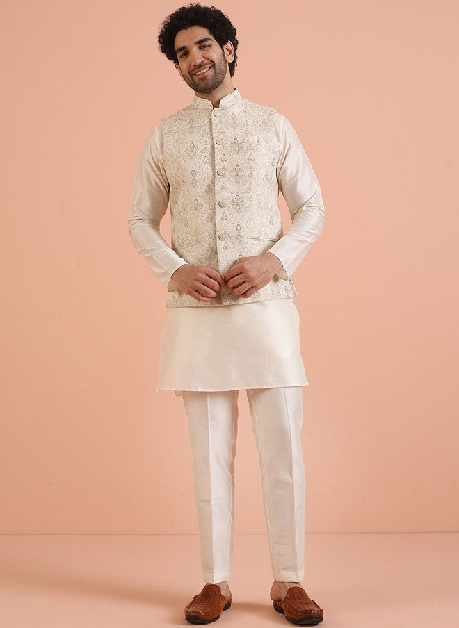 KISAH Ethnic Motif Nehru Jacket With Pocket Square - Image 2