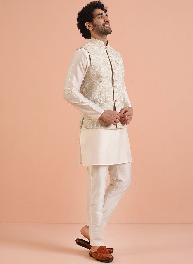 KISAH Ethnic Motif Nehru Jacket With Pocket Square - Image 4