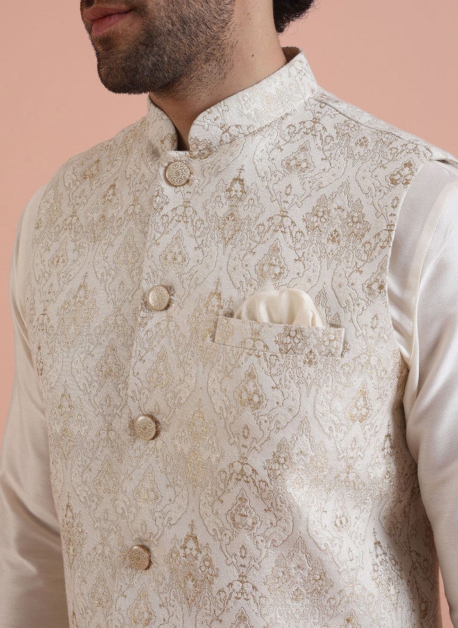 KISAH Ethnic Motif Nehru Jacket With Pocket Square - Image 3