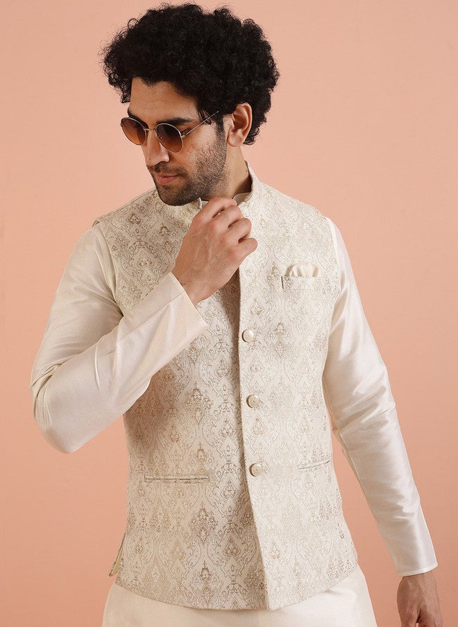 KISAH Ethnic Motif Nehru Jacket With Pocket Square - Image 1