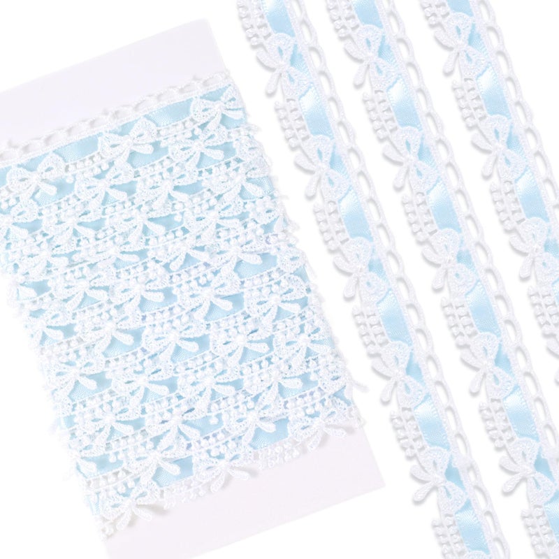 Winsyison 2 Yards Bow Lace Trim Ribbon Vintage Lace Ribbon Roll for Bridal Bow Trim Sewing Accessories for Bouquet Packaging Wrapping Wedding Decorations DIY Crafts Light Blue - Image 3
