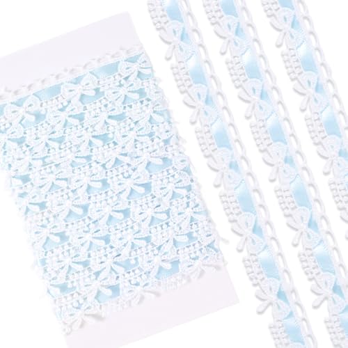 Winsyison 2 Yards Bow Lace Trim Ribbon Vintage Lace Ribbon Roll for Bridal Bow Trim Sewing Accessories for Bouquet Packaging Wrapping Wedding Decorations DIY Crafts Light Blue - Image 1