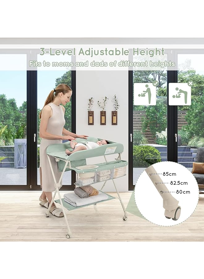 DMG TECH Baby Changing Table Folding Baby Diaper Changing Tables Adjustable Infant Care Station With Water Basin Storage Shelf 4 Wheels Newborn Massage Tables Diaper Organizer (Green) - Image 2
