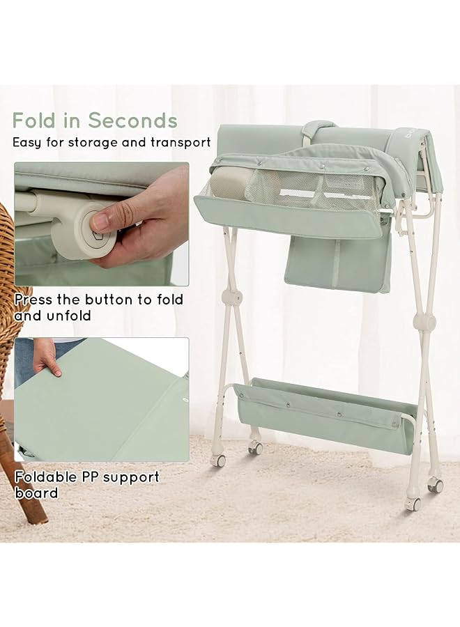 DMG TECH Baby Changing Table Folding Baby Diaper Changing Tables Adjustable Infant Care Station With Water Basin Storage Shelf 4 Wheels Newborn Massage Tables Diaper Organizer (Green) - Image 5