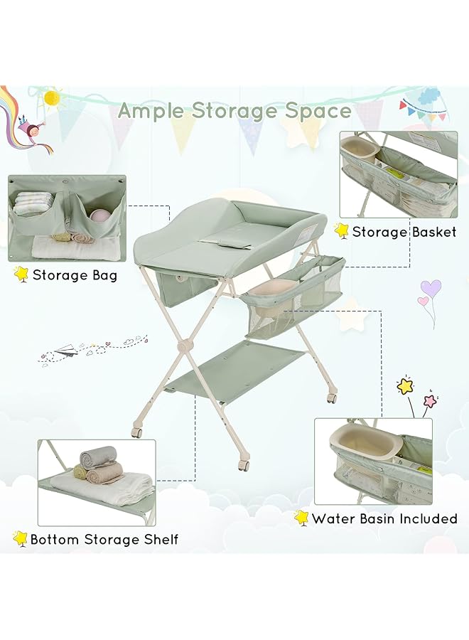 DMG TECH Baby Changing Table Folding Baby Diaper Changing Tables Adjustable Infant Care Station With Water Basin Storage Shelf 4 Wheels Newborn Massage Tables Diaper Organizer (Green) - Image 3