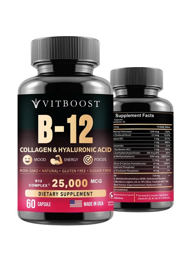 VITBOOST B12 with Hyaluronic Acid, Collagen and Folate - 25000 mcg B12 Methylcobalamin Supplement | Maximize Absorption & Energy | Gluten Free USA Made, B1, B2, B3, B6, B7 Complex - 60 Capsules - Image 1