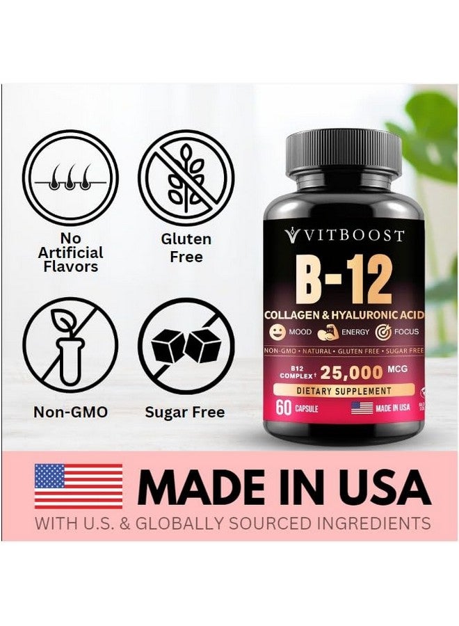 VITBOOST B12 with Hyaluronic Acid, Collagen and Folate - 25000 mcg B12 Methylcobalamin Supplement | Maximize Absorption & Energy | Gluten Free USA Made, B1, B2, B3, B6, B7 Complex - 60 Capsules - Image 3