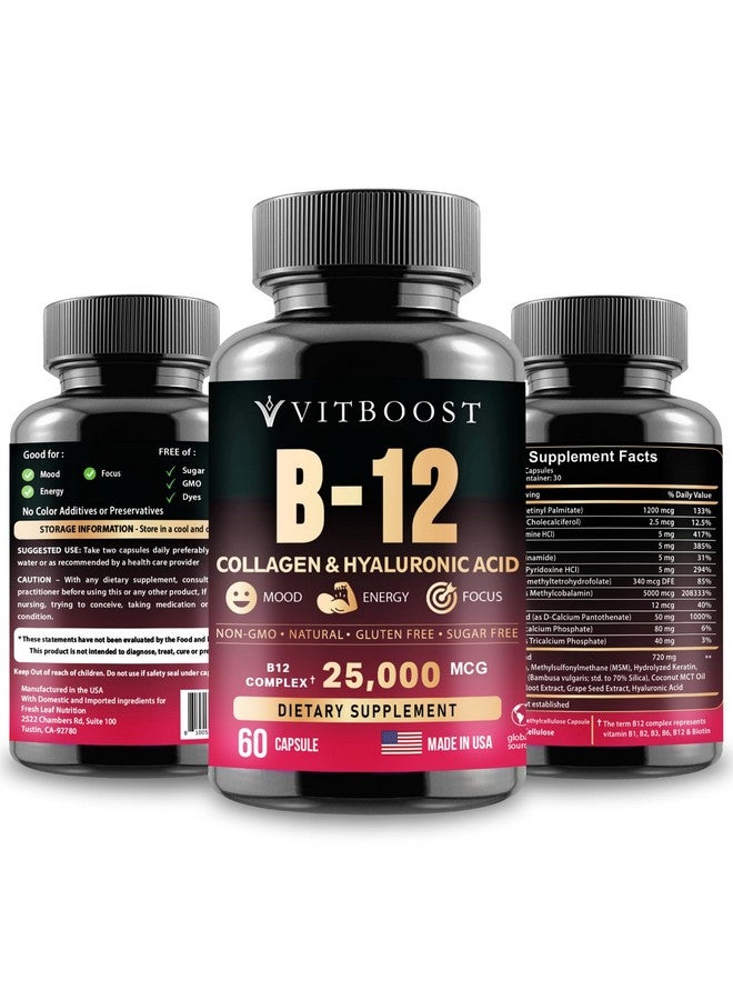 VITBOOST B12 with Hyaluronic Acid, Collagen and Folate - 25000 mcg B12 Methylcobalamin Supplement | Maximize Absorption & Energy | Gluten Free USA Made, B1, B2, B3, B6, B7 Complex - 60 Capsules - Image 2