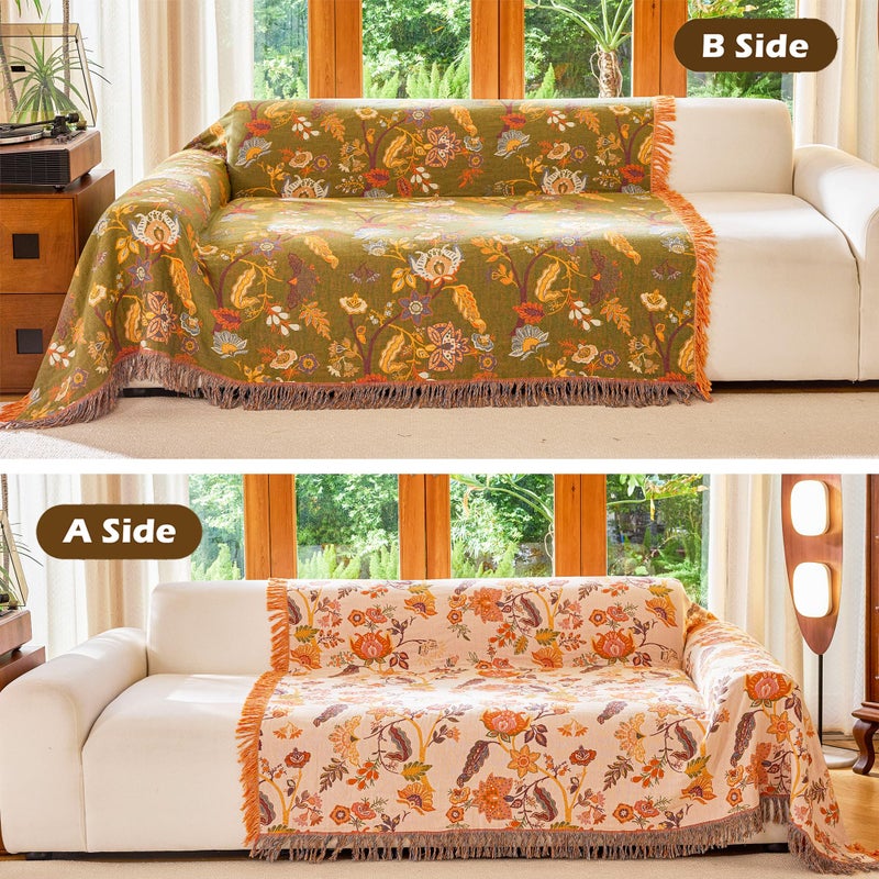 VANJOROY Boho Throw Blanket 60" x 80", 100% Organic Cotton Breathable Skin-Friendly Ultra Soft Bed Quilt Throw - Floral Rustic Decor Luxury Reversible Blanket for Sofa Couch Chair and Gift, - Image 3