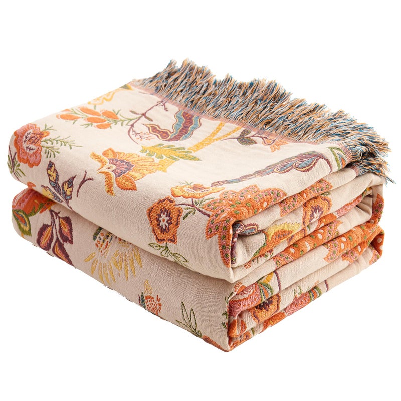 VANJOROY Boho Throw Blanket 60" x 80", 100% Organic Cotton Breathable Skin-Friendly Ultra Soft Bed Quilt Throw - Floral Rustic Decor Luxury Reversible Blanket for Sofa Couch Chair and Gift, - Image 1