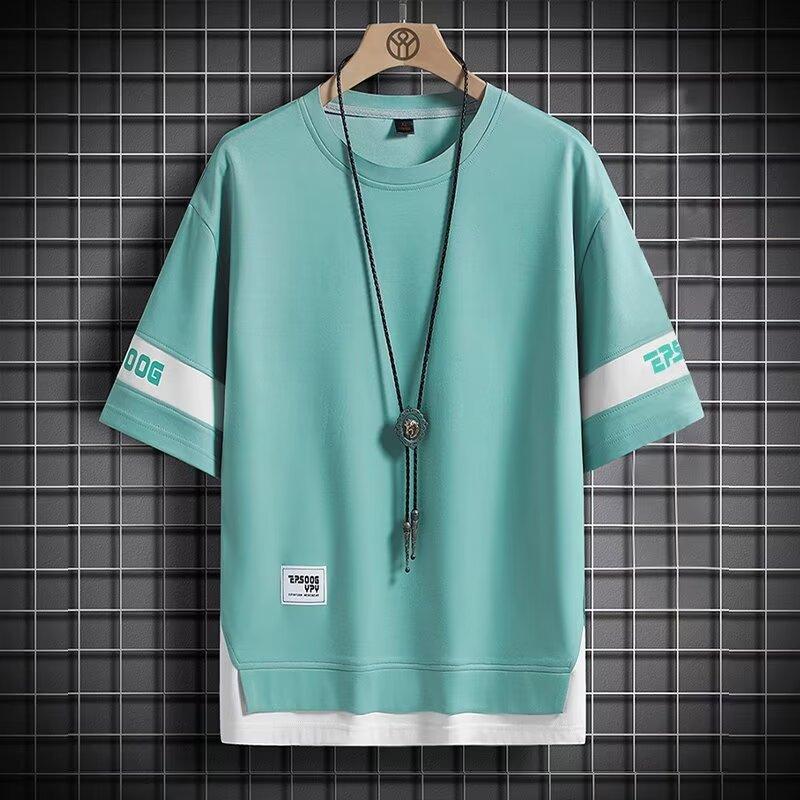 Summer Fake Two-Piece Short-Sleeved T-Shirt College Men'S Trendy Brand Loose Plus Size Half-Sleeved Top All-Match Casual Half-Sleeved Top - Image 1