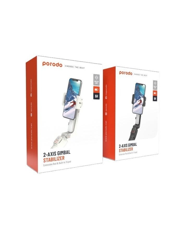 porodo - 2-Axis Smartphone Gimbal Stabilizer with Tripod, Rotatable Control, FPV Mode, LED Light, 6 Hour Battery, Black - Image 1