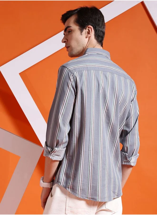 The Indian Garage Co Men Slim Fit Striped Full Sleeves Cutaway Collar Casual Shirt