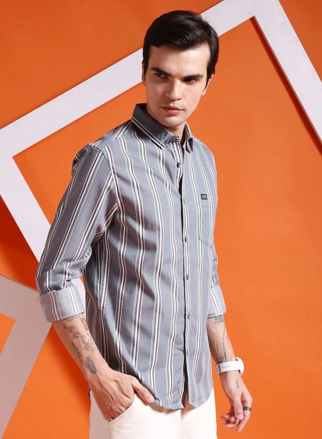 The Indian Garage Co Men Slim Fit Striped Full Sleeves Cutaway Collar Casual Shirt
