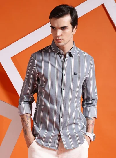 The Indian Garage Co Men Slim Fit Striped Full Sleeves Cutaway Collar Casual Shirt