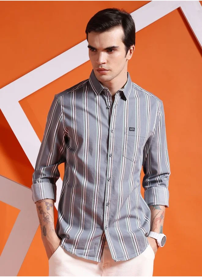 The Indian Garage Co Men Slim Fit Striped Full Sleeves Cutaway Collar Casual Shirt