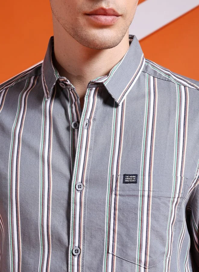The Indian Garage Co Men Slim Fit Striped Full Sleeves Cutaway Collar Casual Shirt