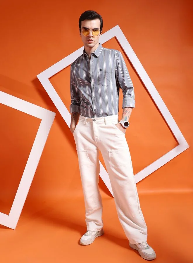 The Indian Garage Co Men Slim Fit Striped Full Sleeves Cutaway Collar Casual Shirt