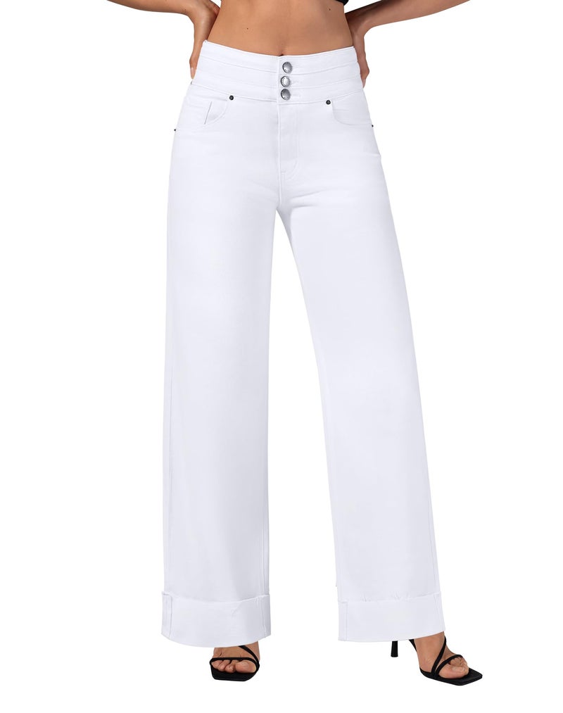 roswear Womens High Waisted Stretchy Wide Leg Jeans Cuffed Baggy Jeans Loose Denim Pants White Large